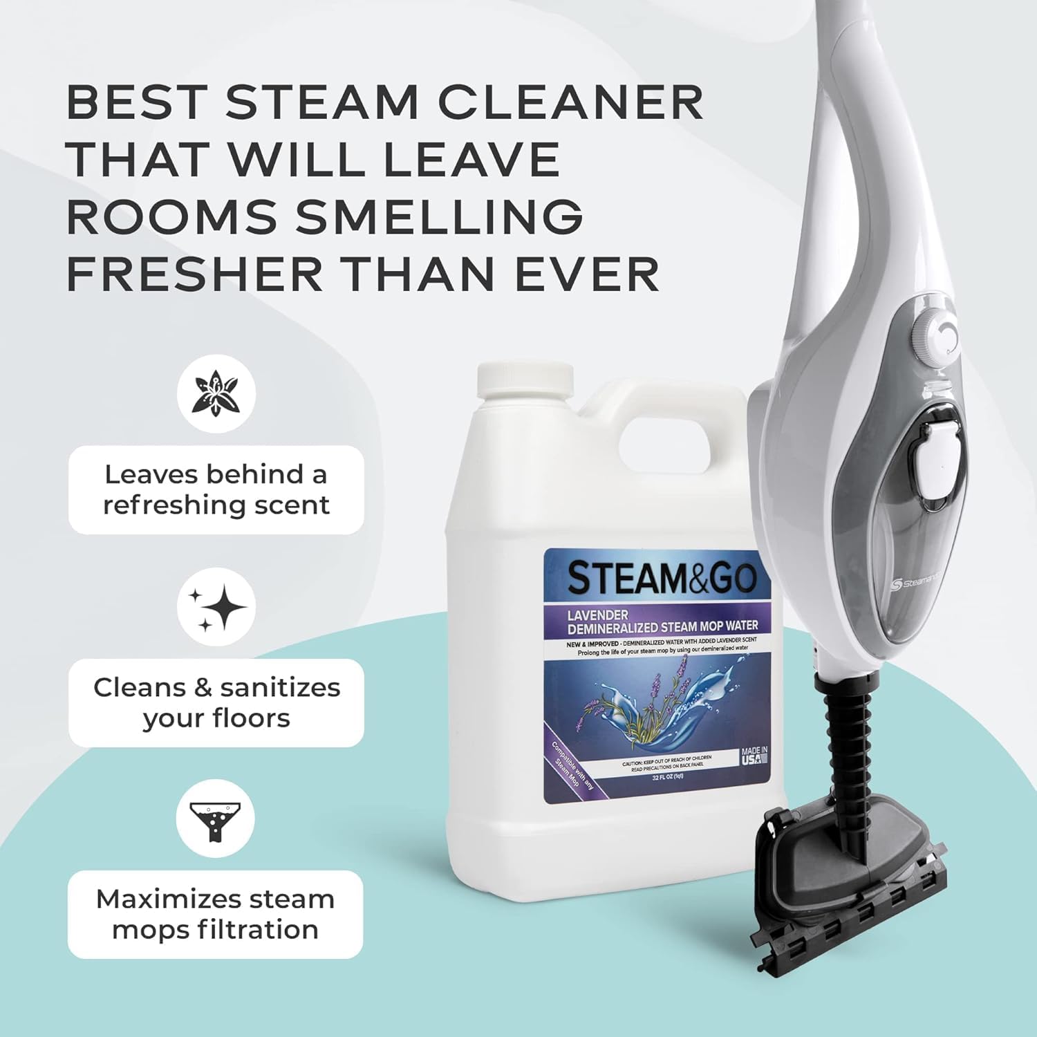 Steam & Go - The Housekeeper Steam Cleaner For Floors & Demineralized Water Bundle, 10-in-1 Hard Floor Cleaner Machine, 32 oz, Lavender Scent