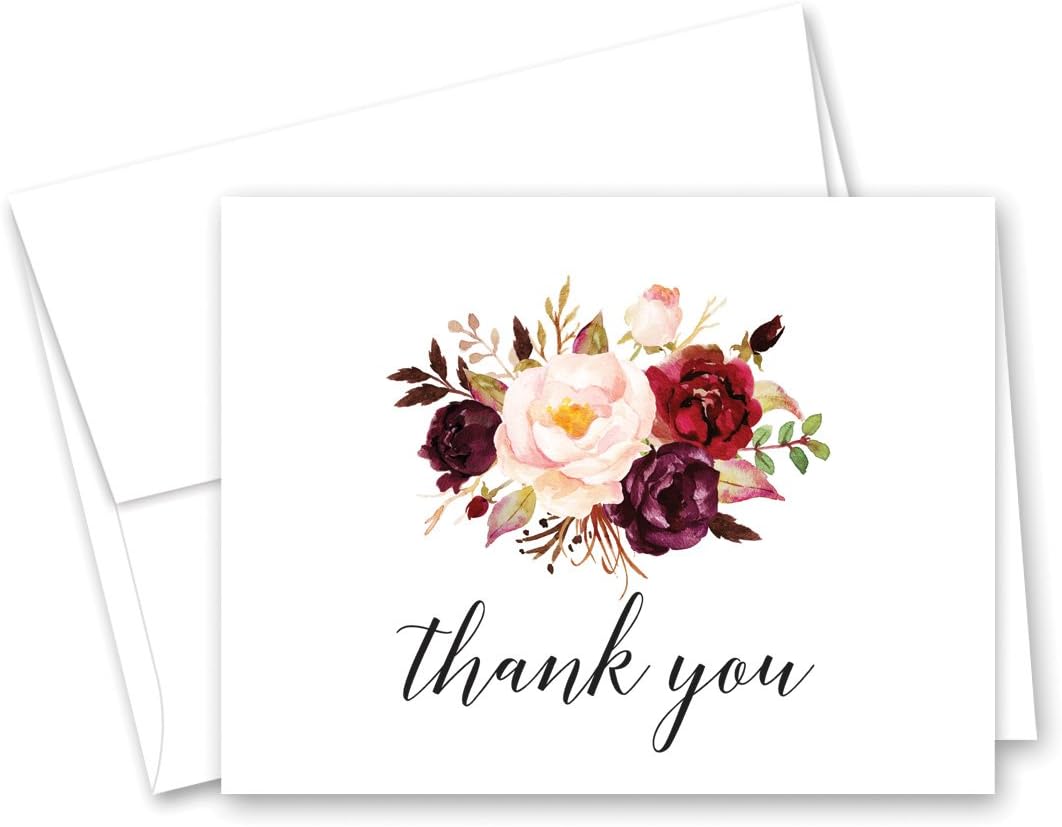 InvitationHouse 50 cnt Rustic Watercolor Floral Thank You Cards with Envelopes (Burgundy)