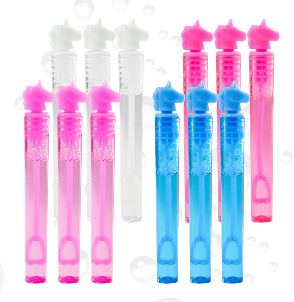 Pack of 12 Vibrant Mini Unicorn Bubble Tubes With 4ml Bubble Liquid Solution and Blow Wands, Weddings favours, Parties, Celebrations, Children’s Birthday Party Bag Fillers, Kids Toys (Unicorn 12 Pack)