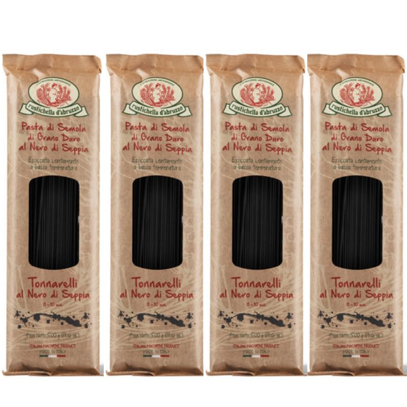 Box da 4 Pacchi – Tonnarelli al Nero di Seppia Rustichella d’Abruzzo – Pasta Artigianale Trafilata al Bronzo – Grano Duro 100% Italiano – Perfetta per Ricette di Mare – 4x500g