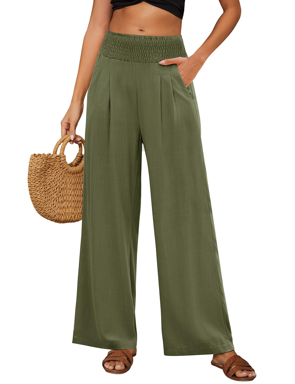 PASUDA Leinenhose Damen Sommer Hose Weites Bein Baumwolle Leinen Sommerhose Elastisch Hohe Taille Lang Freizeithose Leichte Loose Boho Hosen Strandhose mit Taschen Bequeme Stoffhose