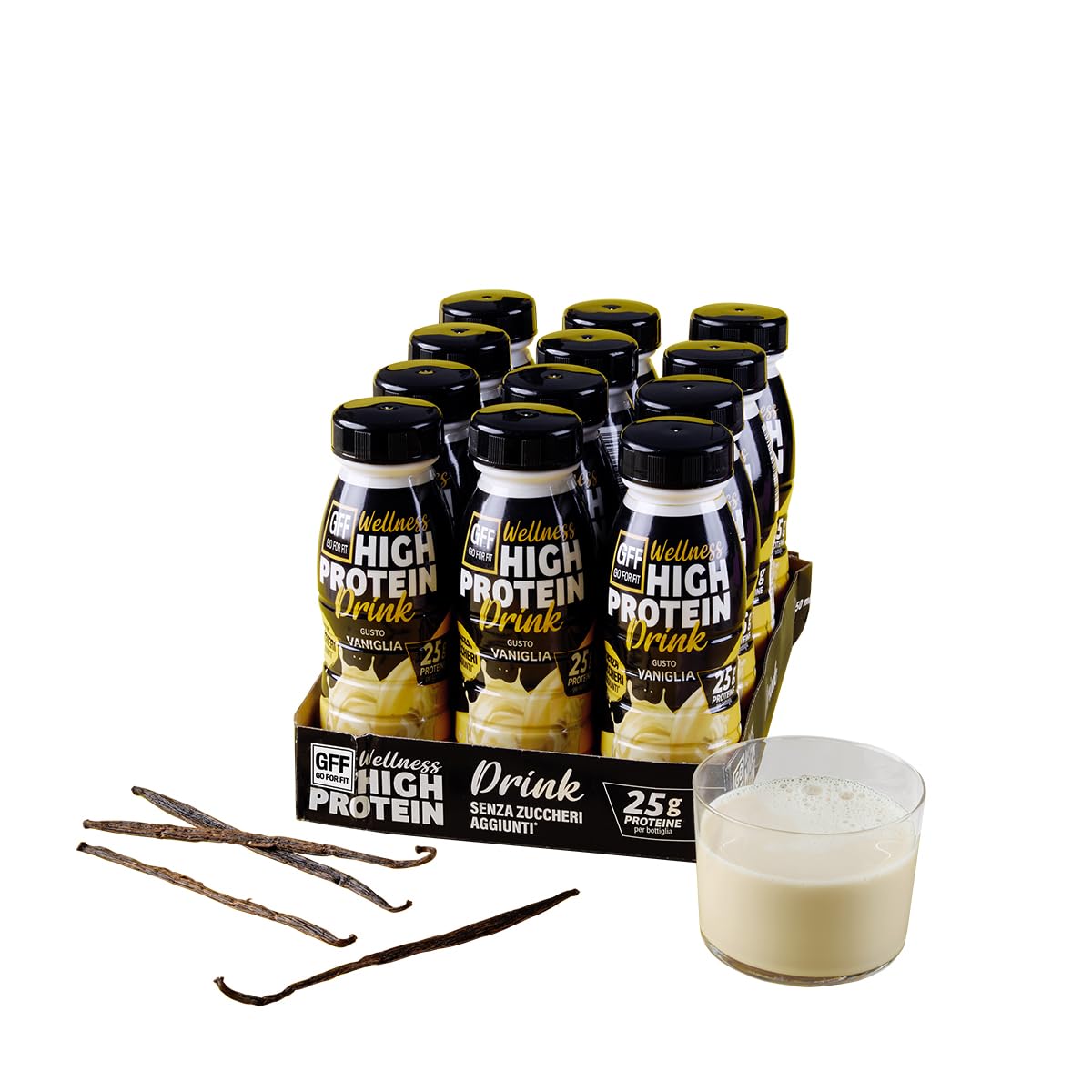 GFF GO FOR FIT GFF Go For Fit | Drink Proteico Gusto Vaniglia, Bevanda a Base di Proteine del Latte, Basso Contenuto di Grassi e Senza Zuccheri Aggiunti, 12 x 250ml