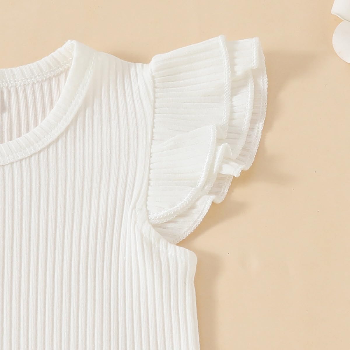 Ensemble Vêtements Bébé Fille d'été Haut Côtelé à Manches Courtes à Volants +Short à Bretelles à Fleurs de Marguerite Mignon 2Pcs Enfants Set - 5