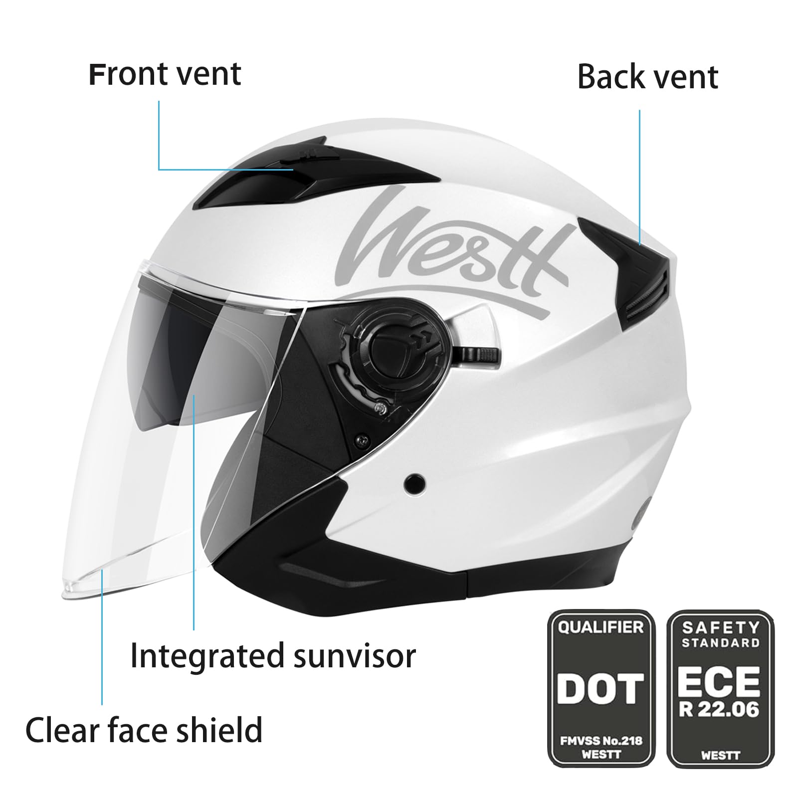 Westt casco moto casco jet doppia visiera omologato ECE 22.06 casco scooter caschi scooter per donna e uomo nero grigio bianco