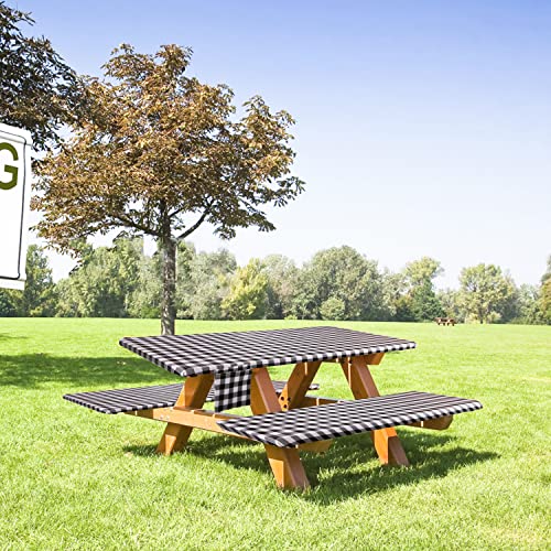Picnic Table Cover With Bench Covers, 3-Piece Set Vinyl Elastic Fitted Rectangle Waterproof Picnic Tablecloths With 2 Pockets Flannel Backing For Outdoor/Bbq/Camping(30 X 72 Inch,Black-Checkered) #TOP6