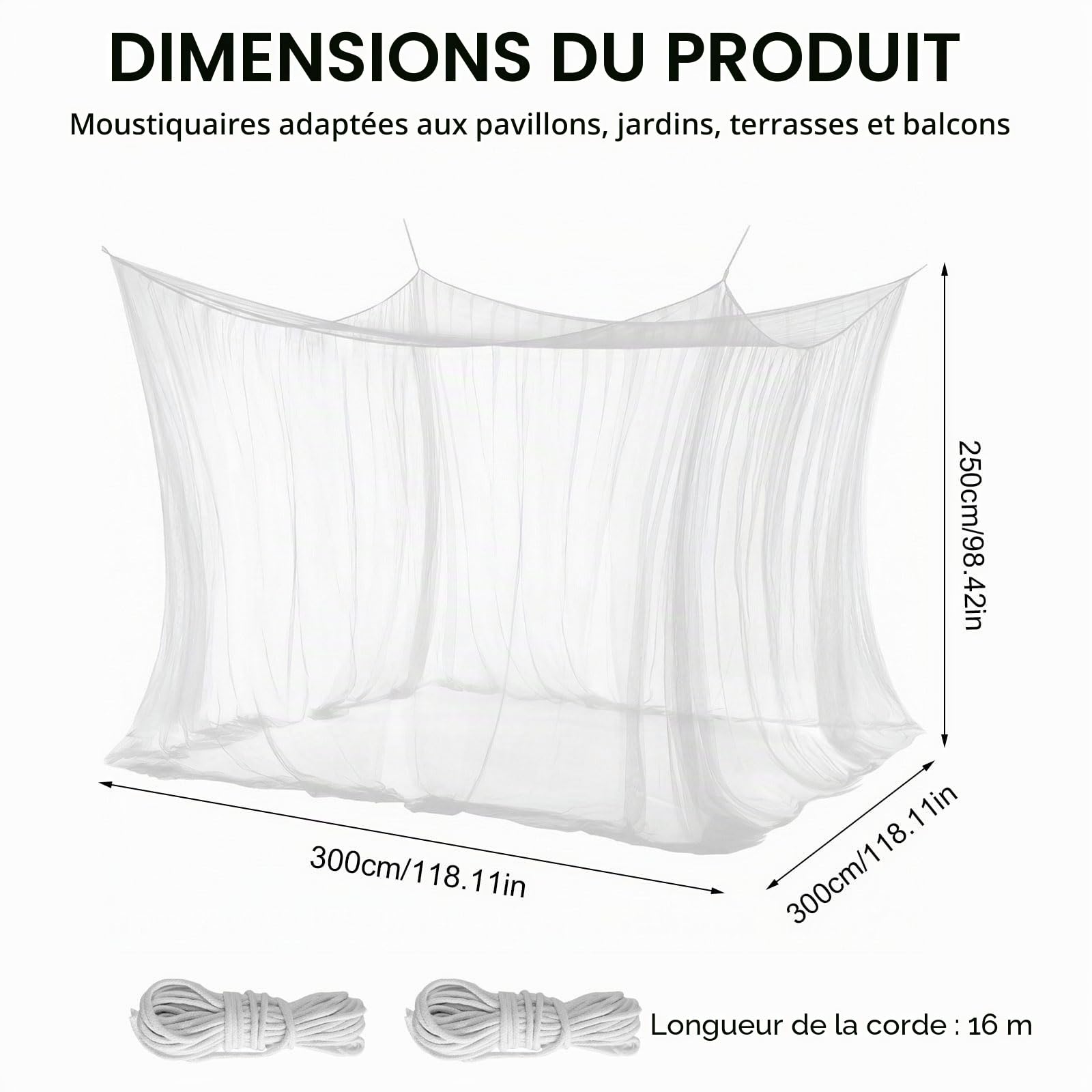 Moustiquaire d'extérieur - 300 x 300 x 250 cm - Protection contre les insectes - Pour tonnelle et camping - Blanc