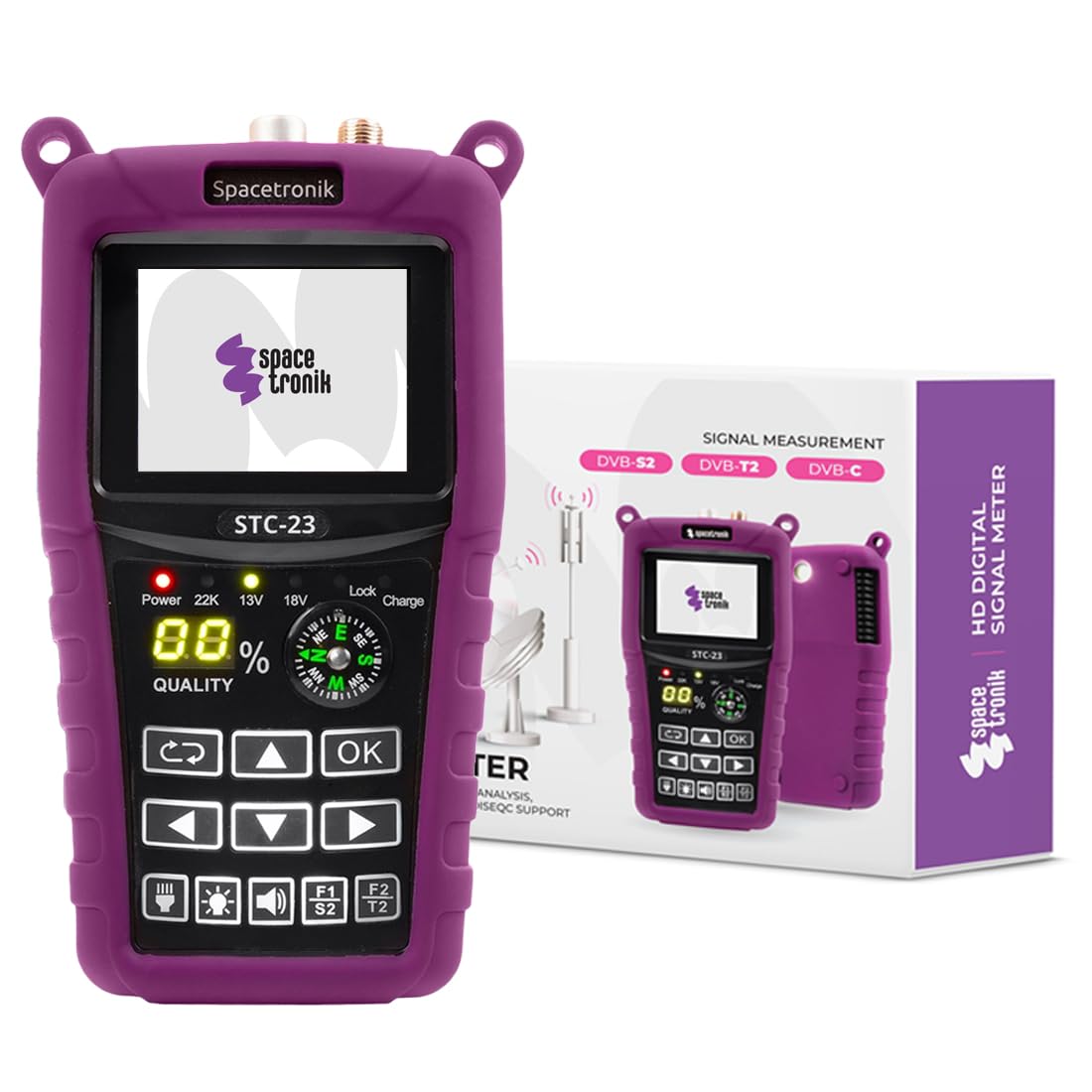 Spacetronik Combo Sat Finder Messgerät Digital für DVB-S/S2 DVB-T/T2 DVB-C | Satelliten Finder mit 2,4" TFT LCD Display, Compass, Spectrum Analyzer, DiSEqC Unicable