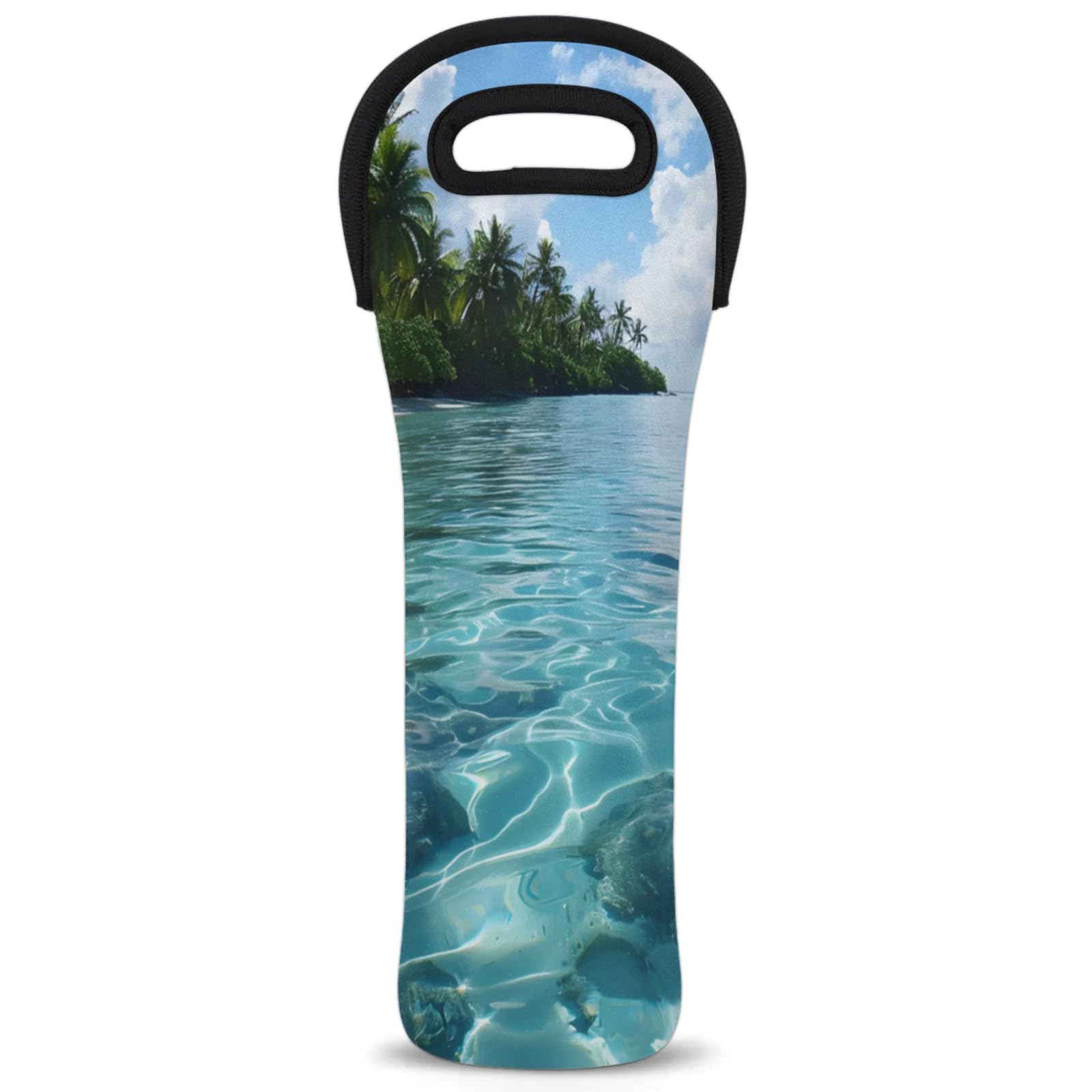 Neoprene Wine Tote Carrier Bag for Wine,Water, Champagne, Beer, Baby Bottles 15.6 x 5.1 Inches, Protective Wine Bag,Landscape Beach