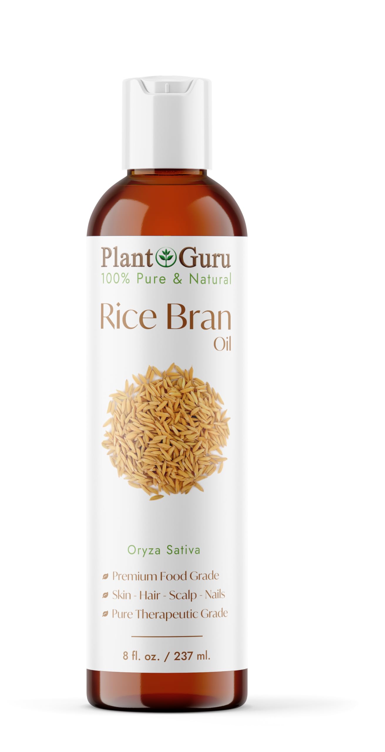 Plant Guru Rice Bran Oil 8 fl. oz. – 100% Pure & Natural Carrier Oil for Skin, Face, Body, and Hair Moisturizing. Great for DIY Creams, Lotions, and