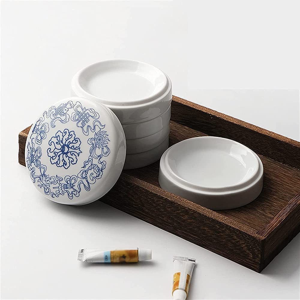 Paleta, pięciowarstwowa ceramiczna paleta kolorów niebieski i biały niebieski smok wielowarstwowy chiński obraz Pigment Disc z pokrywką Box Inkstone