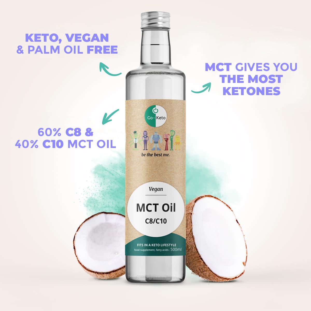 Go-Keto MCT Oil, 500 ml, Huile TCM premium C8/C10, 100% huile de coco, dans bouteille en verre, sans huile de palme, top pour le régime keto, pour un bulletproof coffee, Paléo, végane