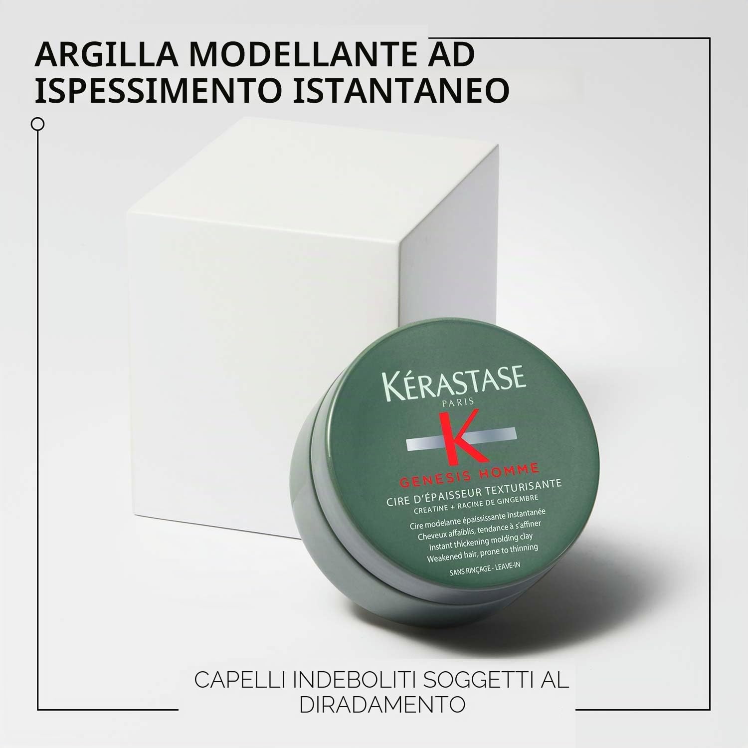 Kérastase Genesis Homme, Argilla modellante addensante istantaneo, per capelli indeboliti e assottigliati, Cera addensante texturizzante, 75 ml
