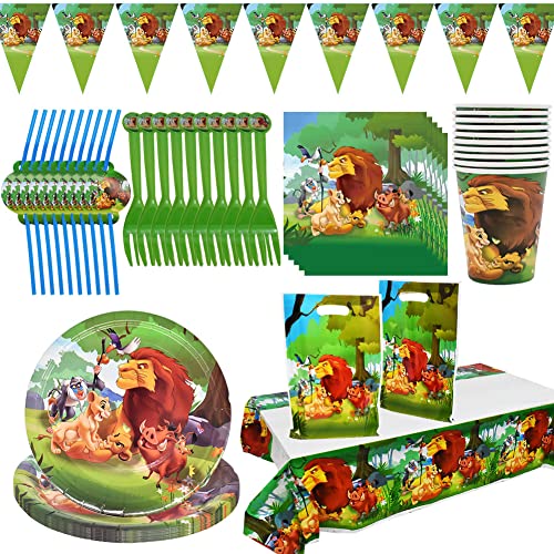 72Pcs Partygeschirr Set, Löwe Party Dschungel deko Kindergeburtstag Junge Party Set, Löwe Pappteller Tiere Geburtstagsdeko Wald Tiere Partygeschirr Pappbecher Dschungeltiere Deko für 10 Personen Cover