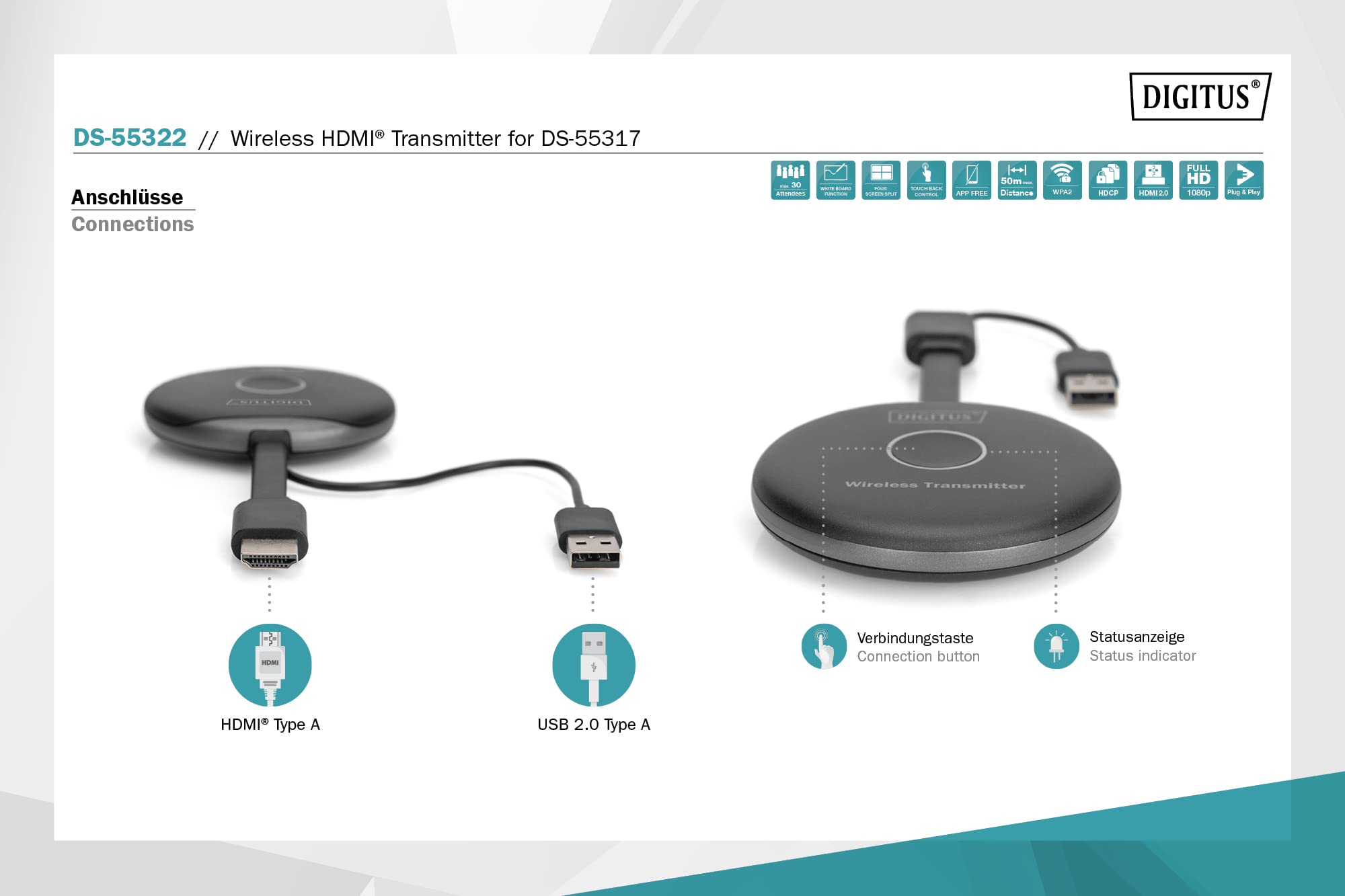 DIGITUS Click & Present Pro – HDMI-Transmitter zur Erweiterung von DS-55317 | HDMI-Sender Einheit – Keine Treiber erforderlich – Echtes Plug and Play – Schwarz