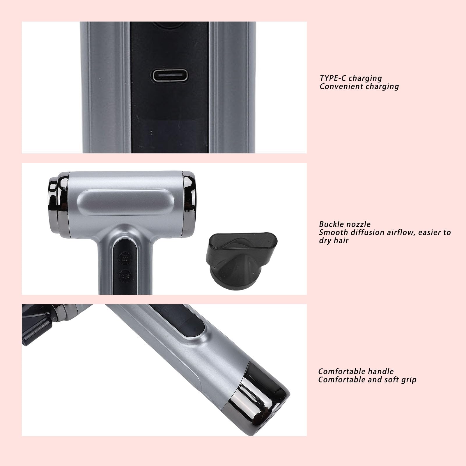 Cuifati Secador de Pelo Inalámbrico, Secador de Pelo Recargable USB de 200 W 15600 MAh, de Portátil con Boquilla Concentradora para Viajes, Camping, Dormitorio