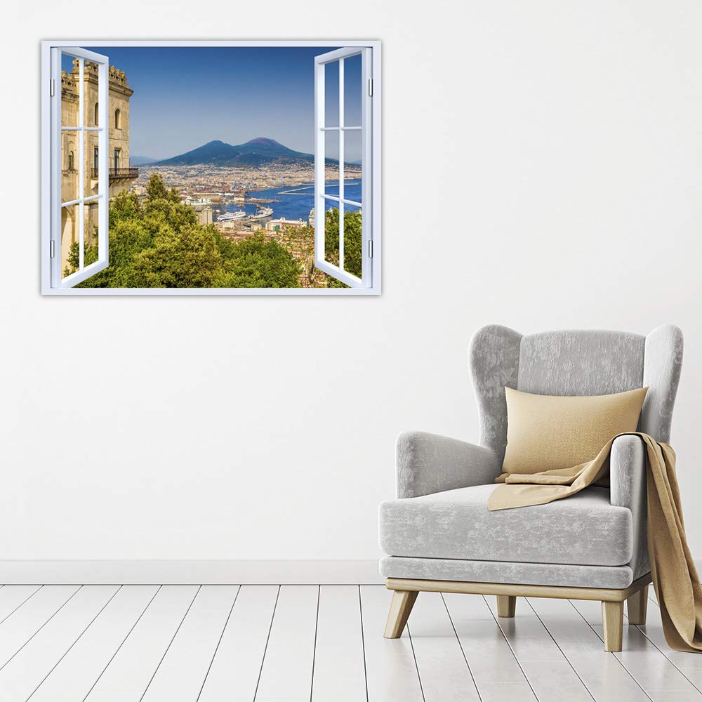 LuxHomeDecor Quadro finestra napoli vesuvio 100x75 cm Stampa su Tela con Telaio in Legno Arredamento Arte Arredo Moderno