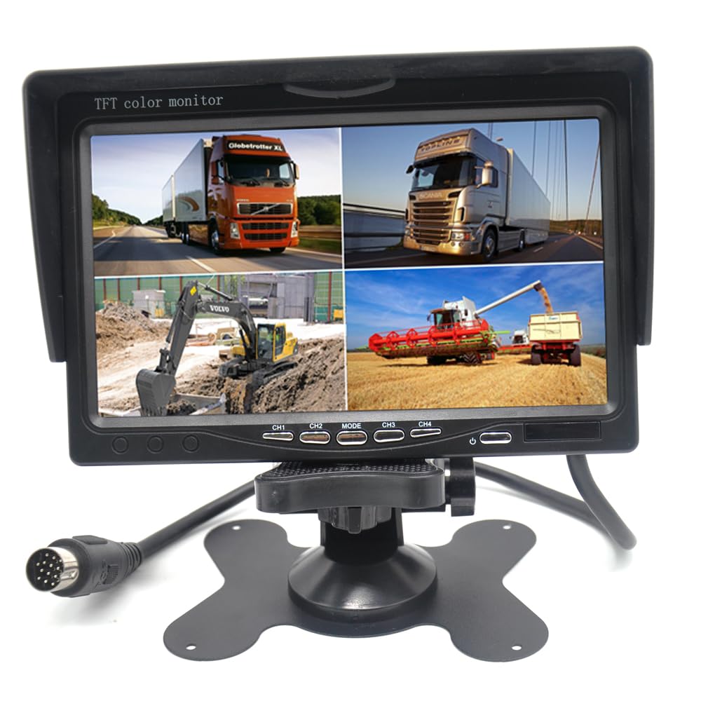 Pardarsey 7" TFT LCD Car Rearview Quad Split Monitor,Remote Control, 4 Channels RCA Video Inputs(4-PIN Shockproof Connector)