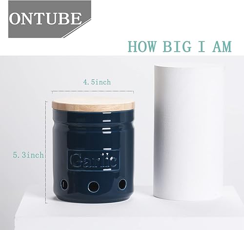 Miniatura 3 de ONTUBE Garlic Keeper de porcelana con tapa, protector de ajo de cerámica de 4.3 pulgadas (azul marino)