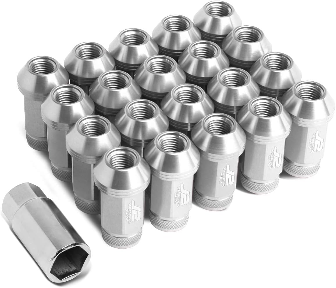 DNA MOTORING LN-T7-021-15-SL Silver J2 Engineering 7075 Aluminum M12 x 1.5 20Pcs L: 50mm Knurled Top Lug Nuts w/Adapter