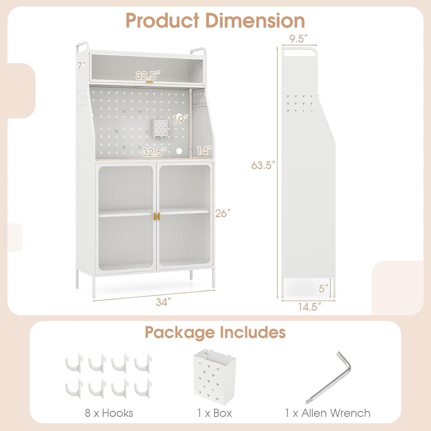 GOFLAME Bakers Rack, Metal Kitchen Utility Storage Shelf with Hutch and Storage Cabinet, Microwave Stand with Pegboard and 8 Hooks, Coffee Bar Station, Freestanding Kitchen Pantry, White