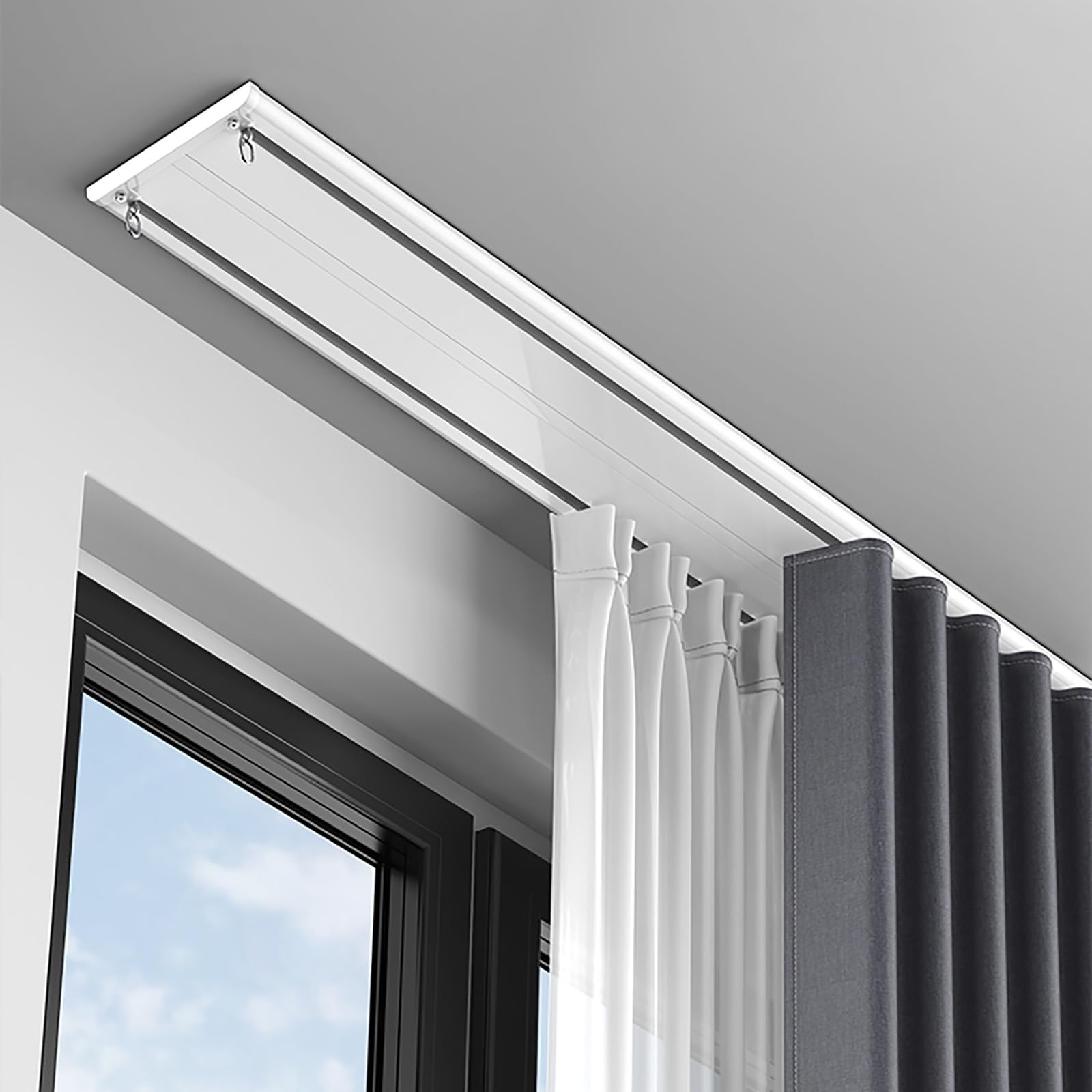 Leise Doppelreihige Gardinenschiene - Aluminium Vorhangschiene 230cm Weiß