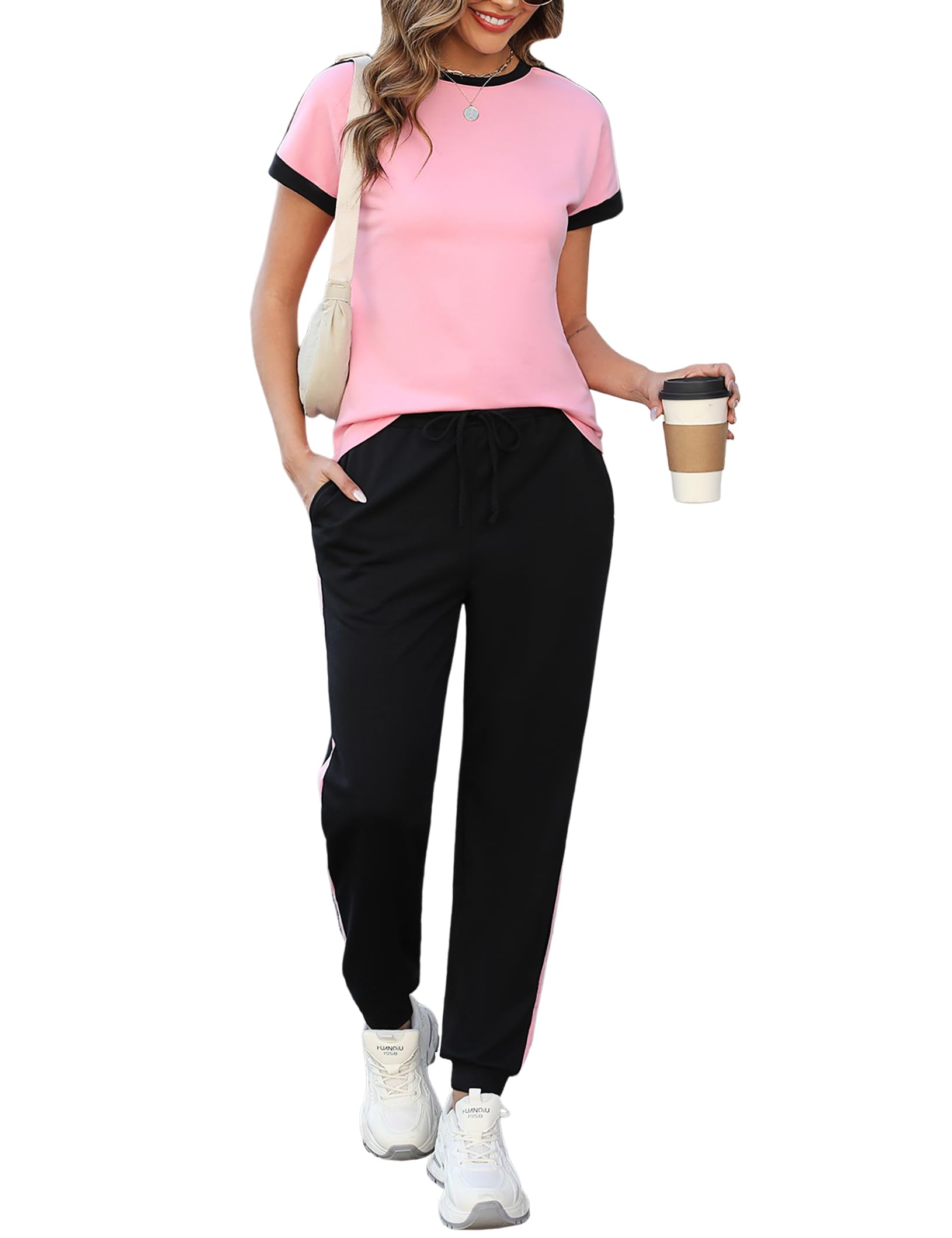 Marvmys Women Short Sleeve Tracksuit Set 2 Piece Sweat Set Outfits Color Block Jogging Suits with Pockets