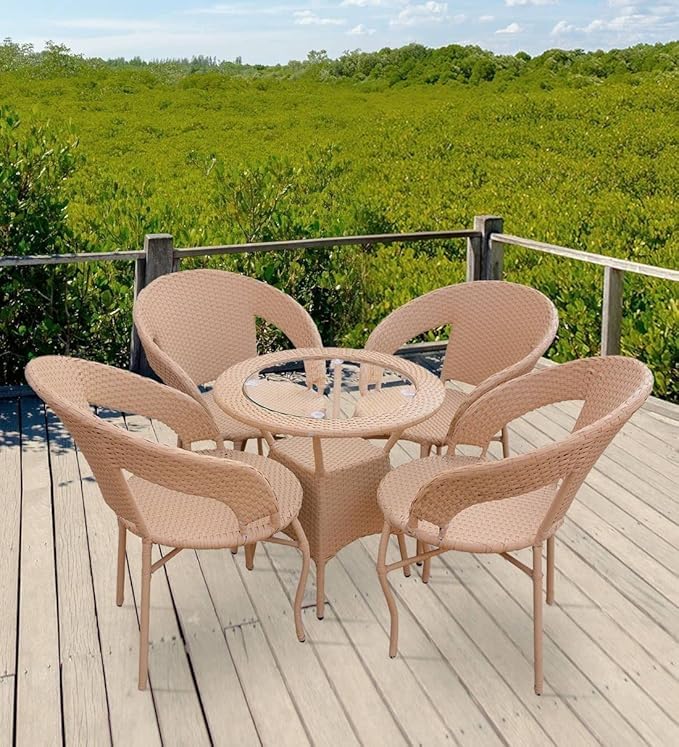 Outdoor Indoor Patio Set Bistro Set Wicker Chair Patio Set for Living Room Dining Room Lawn Balcony Outdoor Garden Chair Set with Glass Table (Honey 4+1)-image-22