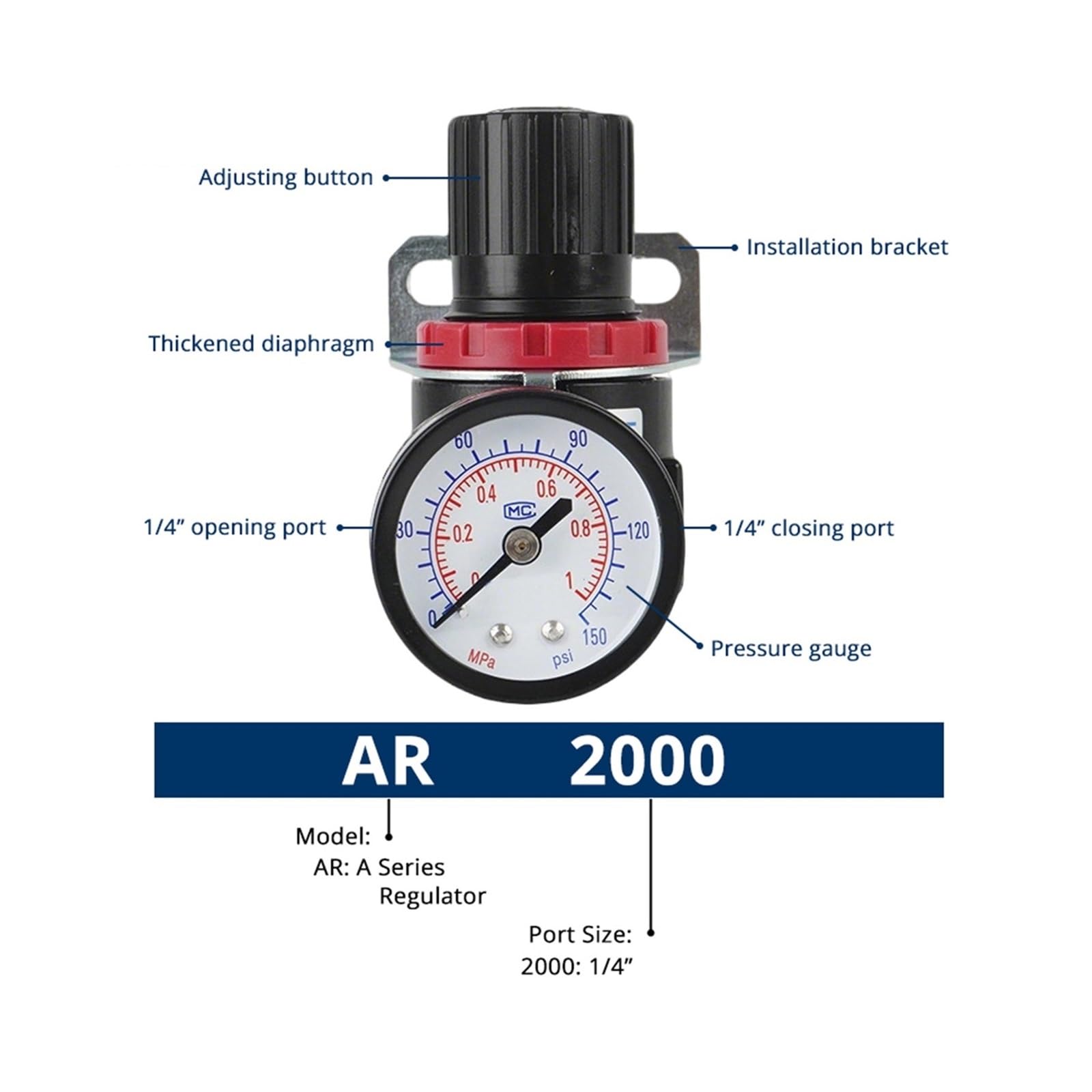 Manometro, AR2000 Regolatore Pneumatico a Pressione 'aria G1/4 "BSP Valvola Di Riduzione Del Compressore D'aria Con Filettatura 4/6/8/10 / 12MM(AR2000 with PMSM20)
