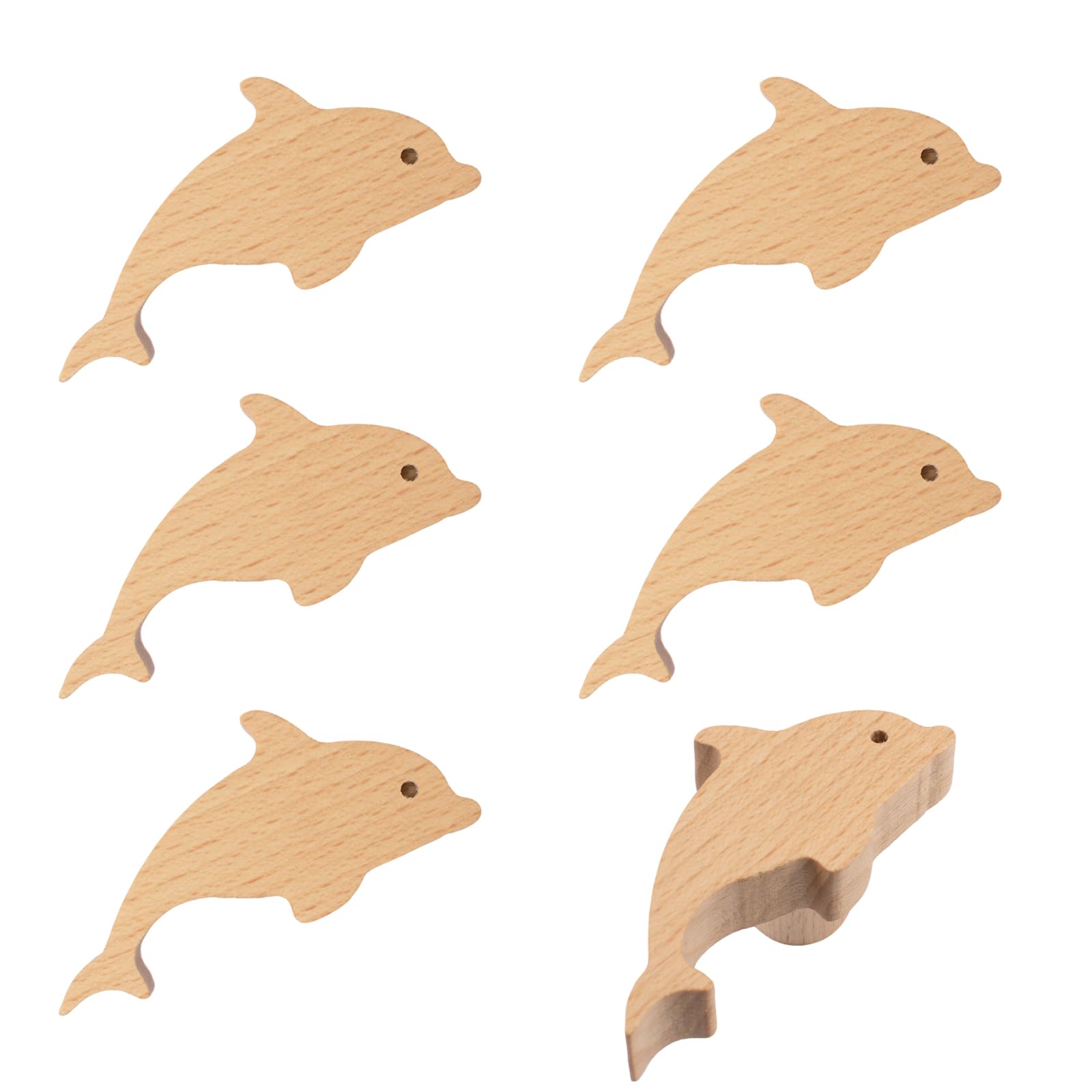 MOROBOR Dolphin Shaped Wooden Knobs, 6PCS Beech Wood Single Hole Handles Cute Cabinet Pulls for Chest of Drawers with Screws& Expansion Tube — image 1