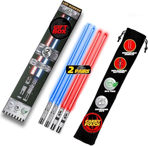 LIGHTSABER CHOPSTICKS LIGHT UP STAR WARS LED Glowing Light Saber Chop Sticks REUSABLE Sushi Lightup Sabers-Removable Handle Dishwasher Safe-Premium