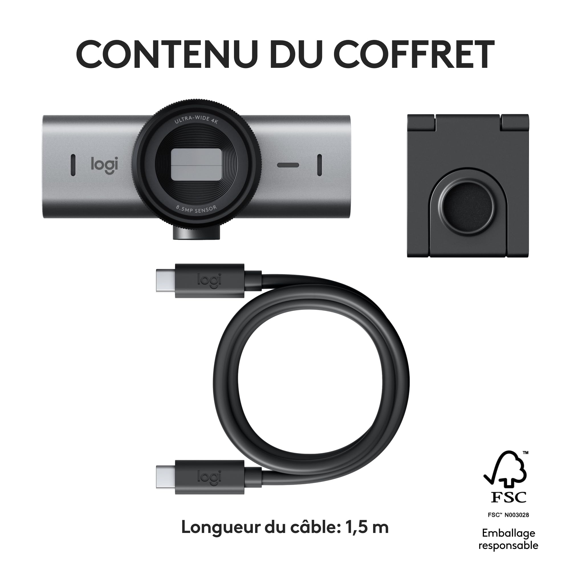 Logitech MX Brio Webcam de Collaboration et Streaming 4K Ultra HD, 1080p à 60 IPS, 2 micros avec réduction de Bruit, Show Mode, USB-C, Cache pour Webcam, Microsoft Teams, Zoom, Google Meet, Graphite