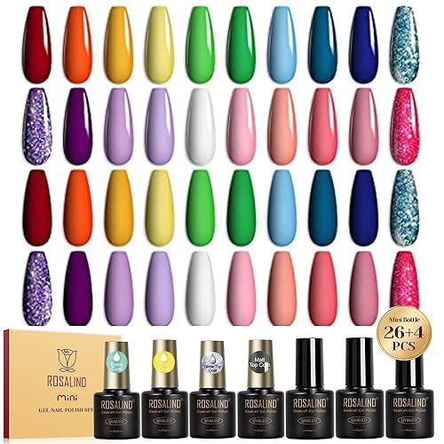 ROSALIND Juego de 20 esmaltes de uñas de gel de verano, color nude, color nude, rojo, amarillo, verde, neón, rosa, morado, azul, purpurina, esmalte