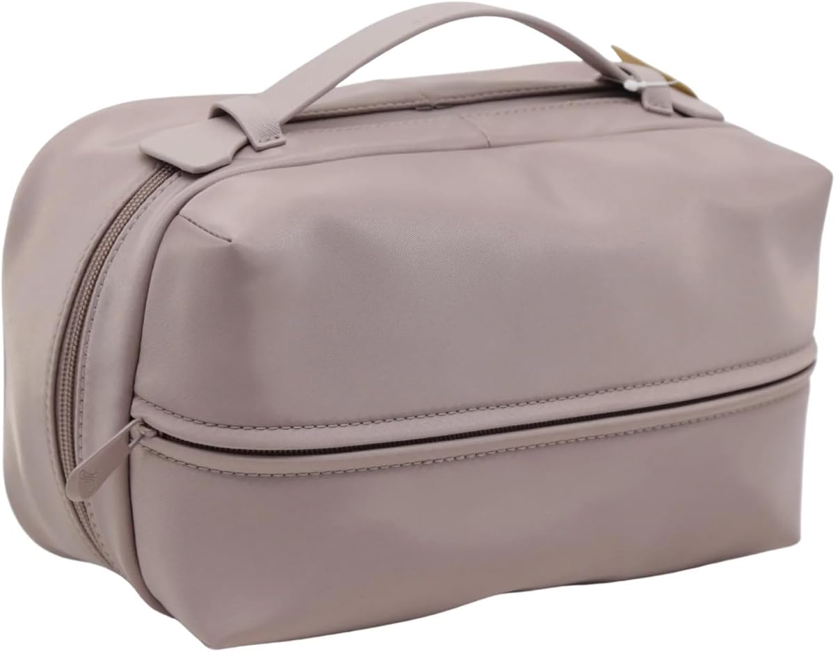 Impressions Vanity Mykonos Travel Makeup Bag with Faux Leather Top Handle, Double Zipper Closure Cosmetic bag with Polyester Exterior, Front Zippered Compartment, and Brush pocket (Mocha)