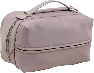 Impressions Vanity Mykonos Travel Makeup Bag with Faux Leather Top Handle, Double Zipper Closure Cosmetic bag with Polyester Exterior, Front Zippered Compartment, and Brush pocket (Mocha)