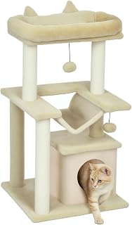 PawHut Kratzbaum 90 cm Katzenturm mit Hängematte, Höhle, 2 Plüschballen, Sisalstämme, Plattformen, mehrstöckiger Katzenkratzbaum, Kletterbaum, für Katzen unter 4 kg, Cremeweiß