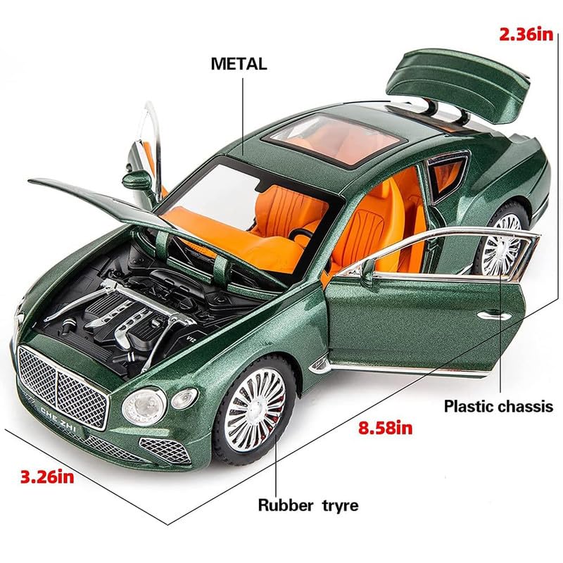 Image of Kids Model 1:24 Bentle Continental Die Cast Metal Car Pull Back Action Opening Doors with Realistic Engine Sound Lights Toy Car Gift for Boys - Green