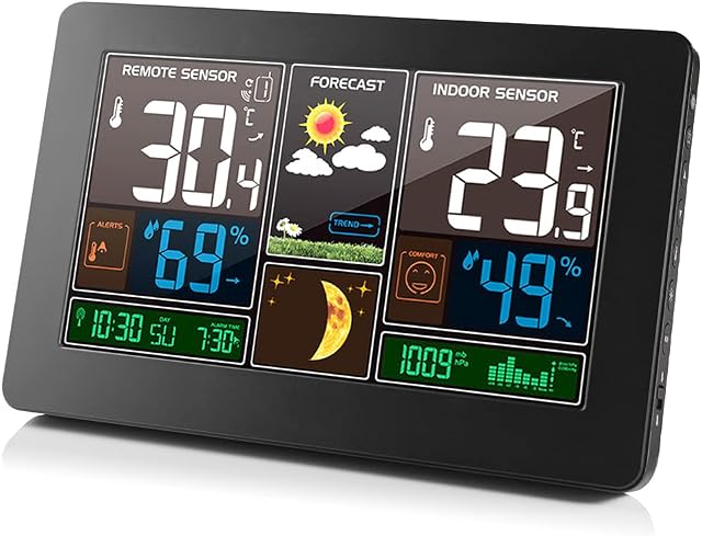Romacci Estação meteorológica sem fio interna externa 3 em 1 Termômetro meteorológico Higrômetro Barômetro Monitor de temperatura ambiente alimentado por USB Medidor de umidade operado por bateria Medidor de de ar com