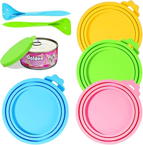 ZukoCert Paquete de 4 tapas para latas de comida para perros y gatos, se ajustan a tres estándares de tamaño diferentes, con dos cucharas, se adapta