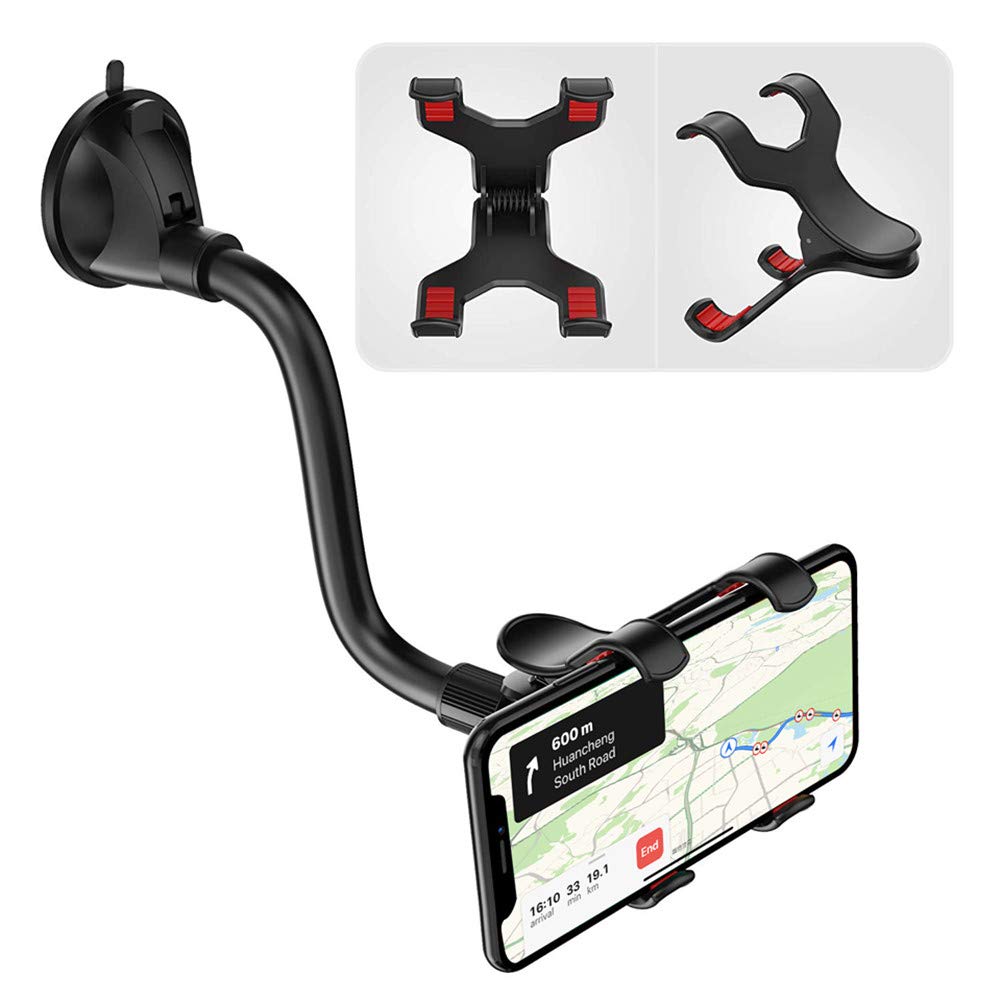 Cell Phone Holder for Car,No Glue Car Phone Mount Windshield with Strong Suction, Long Arm, with X-Shaped Clamp Fits Thick/Irregular Phone Case