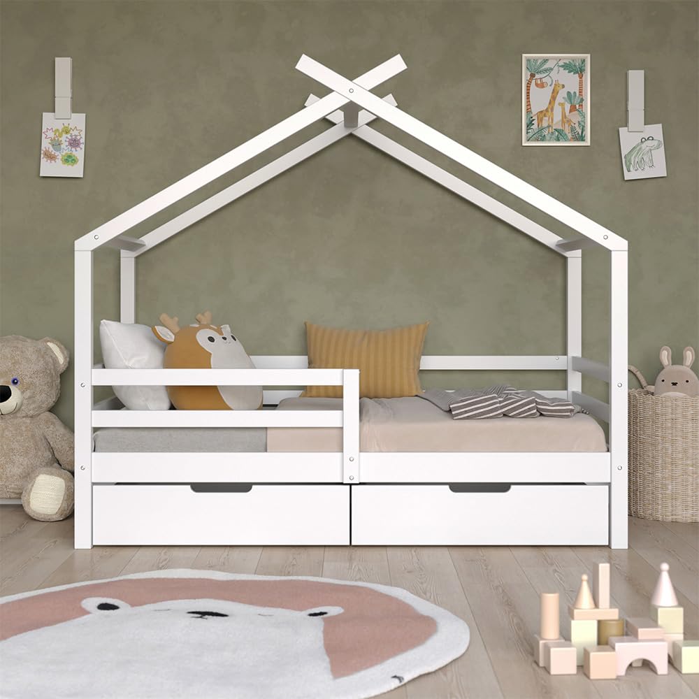 VitaliSpa Letto montessori bambini Luni, Bianco, 160 x 80 cm con box e materasso, come una piccola casa per un'atmosfera calda