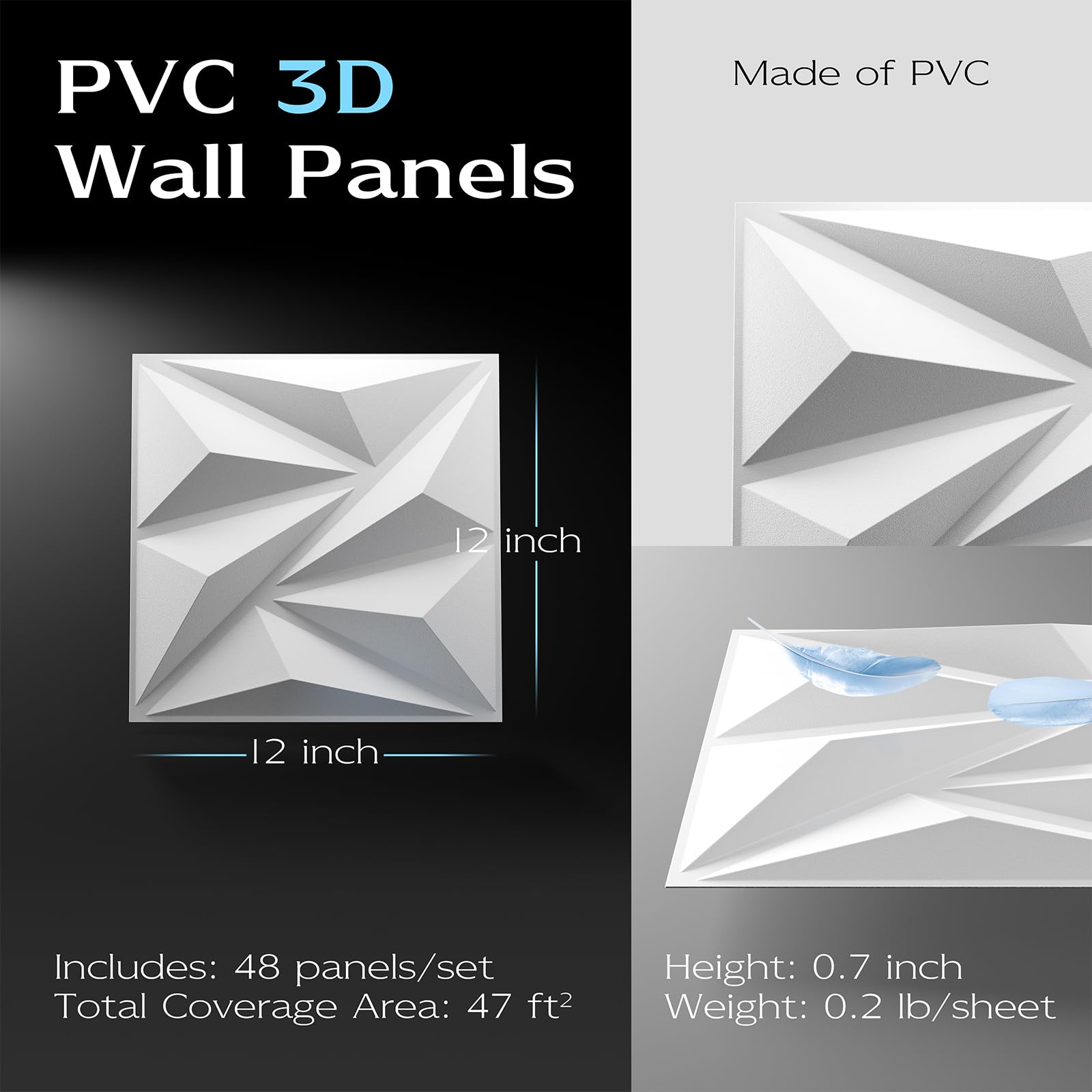 Confezione da 48 pannelli da parete 3D per decorazione di pareti interne, pannelli da parete in PVC testurizzato per interni di casa e ufficio, bianco, 30,5 x 30,5 cm, copre 47 mq.