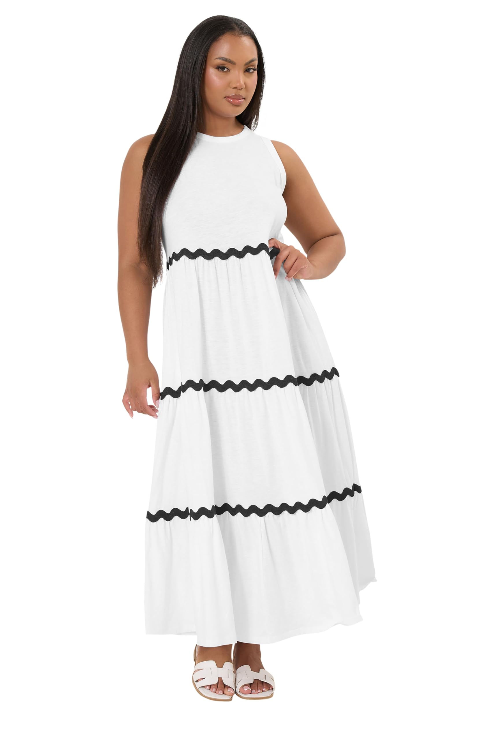Yours Women's White Curve Contrast Swirl Tiered Maxi Dress - Plus Size Curve