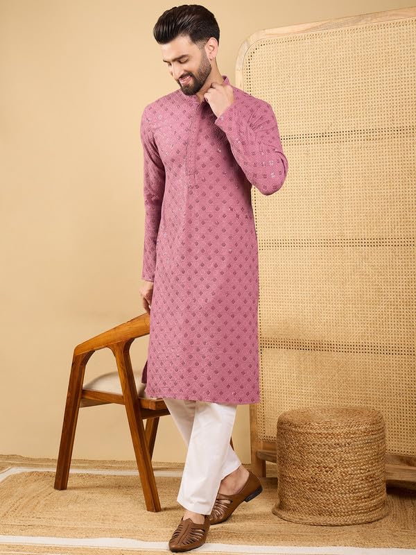 Image of Men's Solid Embroidered Long Straight Kurta | Men's Kurta | Embroidered Chikankari Kurta for Men | Straight Fit Kurta for Men