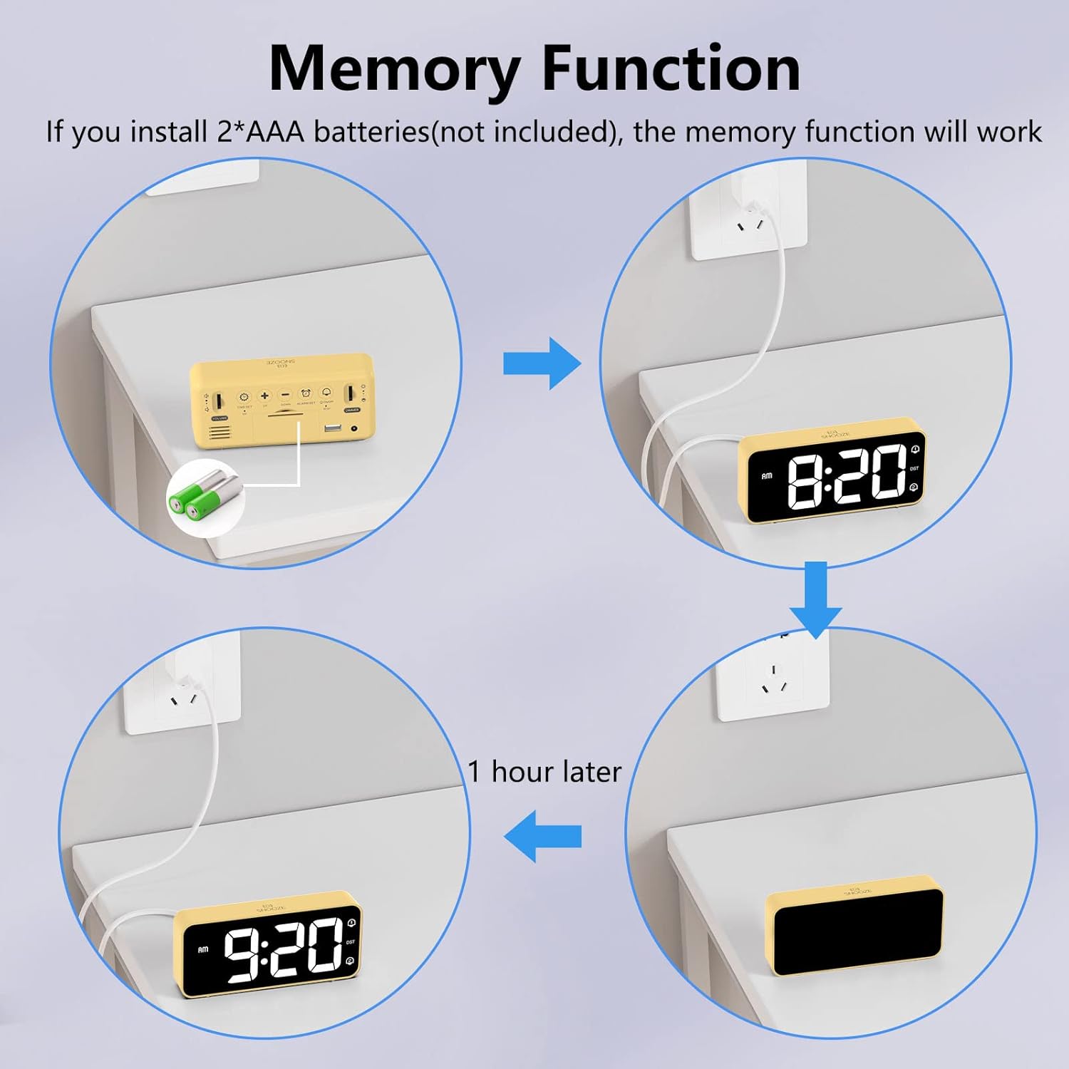 Diagram showing the installation of 2 AAA batteries into the back of the alarm clock for memory function, illustrating how settings are retained even when unplugged.