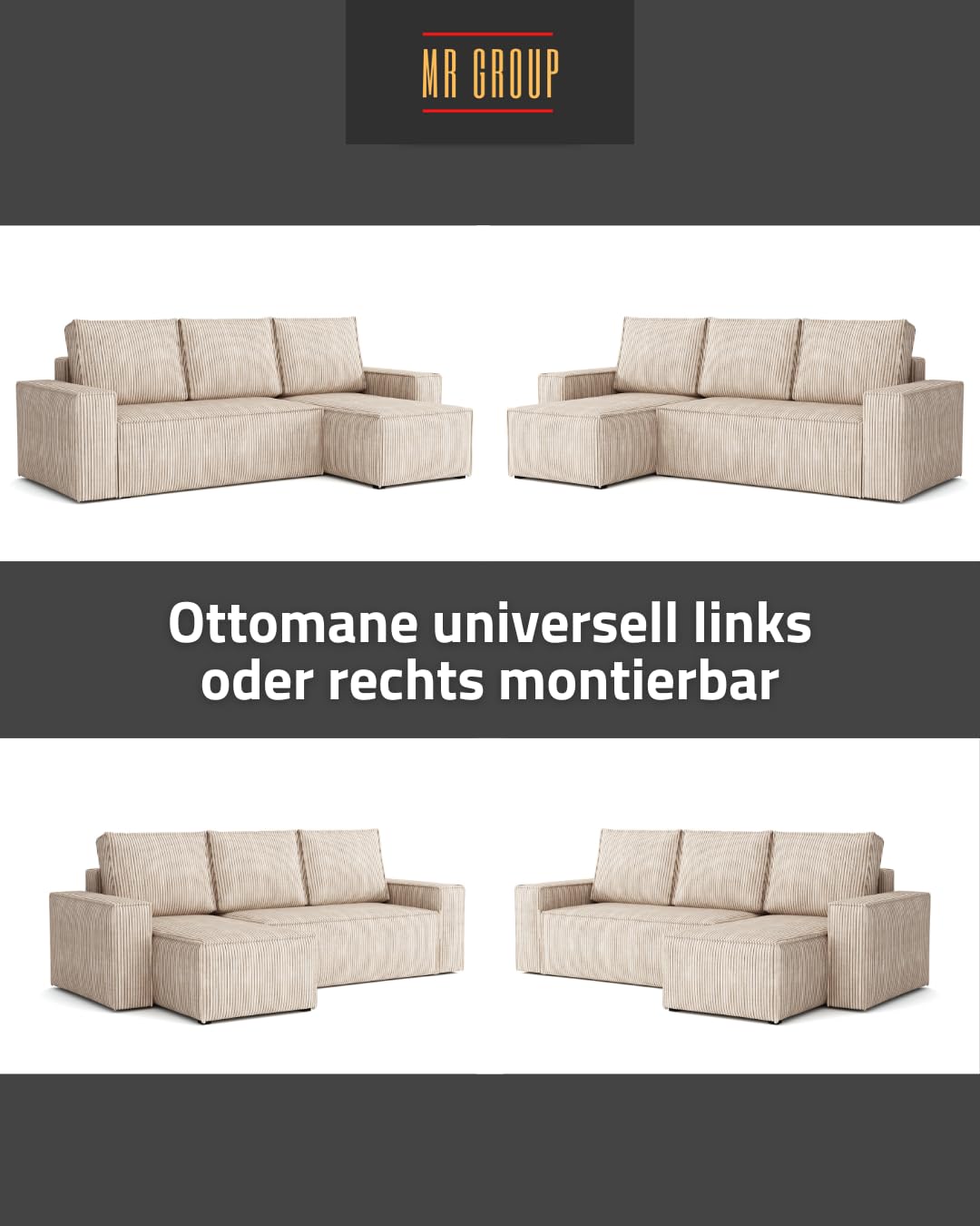 Ecksofa L Form Bergamo 240x142 cm mit Schlaffunktion und Bettkasten Couch Cord Schlafsofa Schlafcouch universale Seite klein Flur Sofa, 3 Sitzer Wohnlanschaft Cornersofa Bettsofa Kissen beige