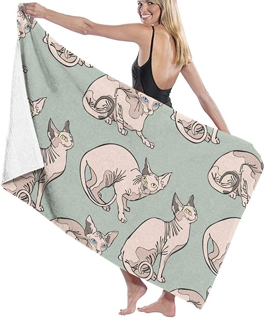 Hairless Naked Cats Sphynx Cats Pattern Mint Green Large Beach, Blanket