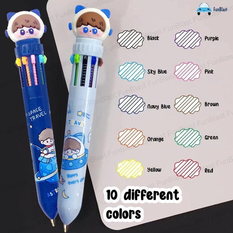 Image of FunBlast 10 In 1 Ball Pens for Writing - Cartoon Design Lightweight Ball Pen with Comfortable Grip for Extra Smooth Writing, Stationery for School & Office, Birthday Return Gift (Space)