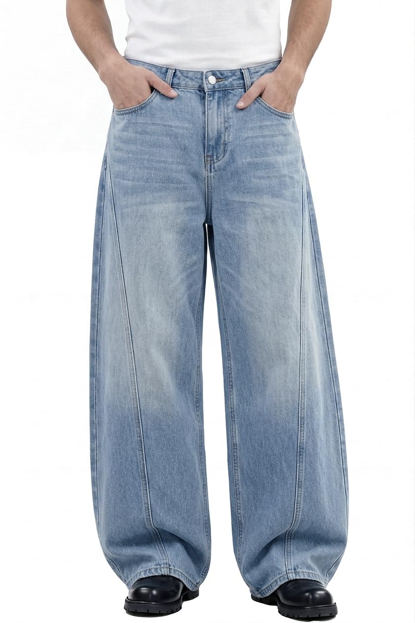 Runcati Mens Baggy Barrel Jeans Wide Leg Vintage Cotton Y2k Denim Pants