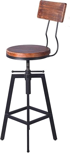 Miniatura 5 de Diwhy Taburete de bar industrial de madera y metal, altura ajustable, giratoria, altura de mostrador, silla de bar con respaldo, negro, juego de 2