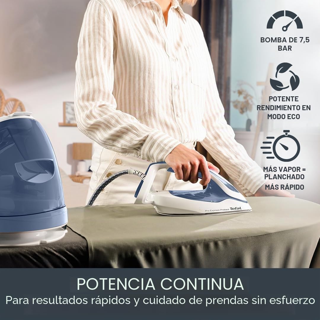 Tefal ProExpress Protect - Plancha para generador de vapor, 7.5 bar de alta presión, 560 g/min de vapor, salida de vapor de 135 g/min, tecnología sin ajuste, protección antigoteo, 1.8 L, azul y blanco
